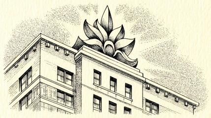 Vintage Black And White Illustration Of Building Rooftop With Ornate Floral Design