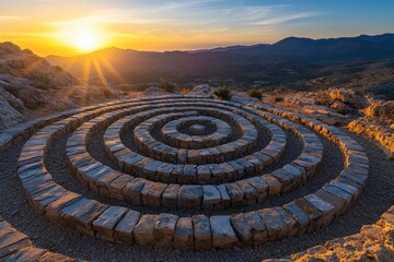 A large stone circle with a sun shining on it. The sun is in the center of the circle and is surrounded by the stones. The circle is large and has a circular shape