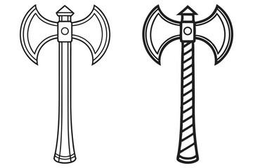 Two doublebladed battle axes present unique linear patterns, isolated on a transparent background