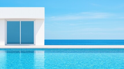 Fototapeta premium Modern Minimalist Poolside View with Clear Blue Sky and Ocean