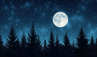 Fototapeta premium Night Sky with Full Moon Over Pine Forest and Starry Background