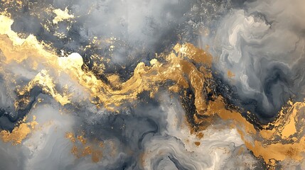 Monocolor alcohol ink marbling raster background. Liquid waves and stains. Black and gold abstract fluid art. Acrylic and oil paint flow monochrome contemporary backdrop, black marble with golden vein