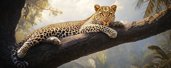 A beautiful leopard is resting comfortably on a tree branch