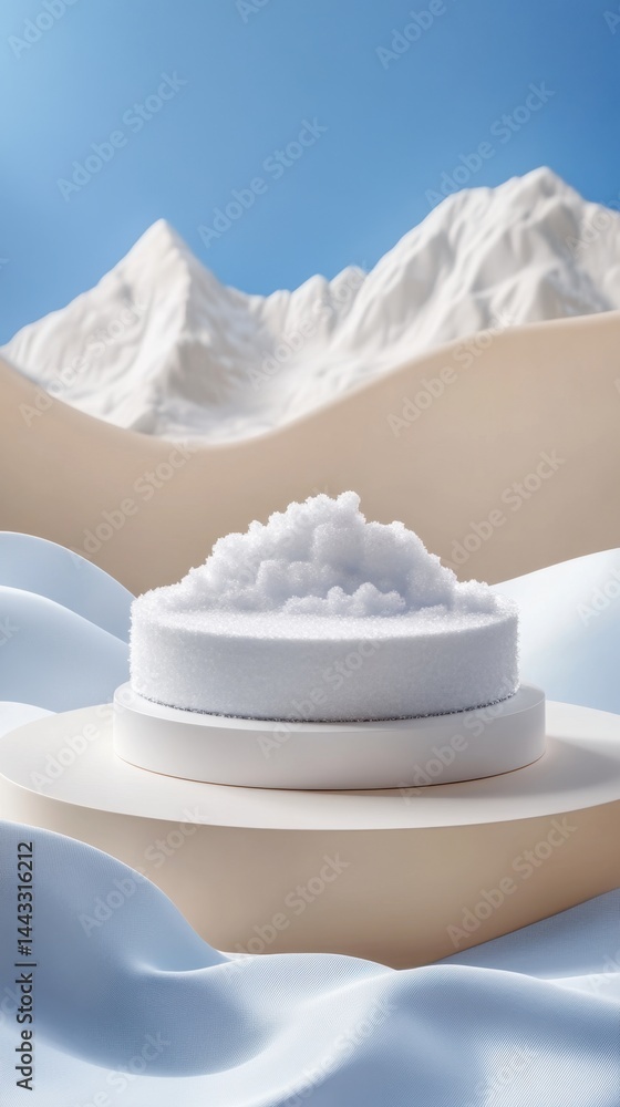 Poster minimalist winter scene with snow cake on platform against mountain backdrop in soft pastel colors c