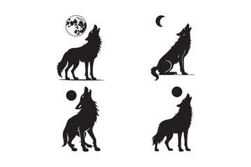 Howling Wolf Silhouette Set Vector Art of Wolves Under Moonlight