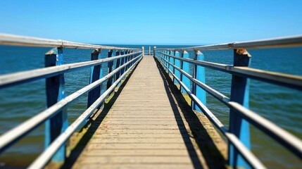 Obraz premium Tranquil Wooden Pier Extending into Calm Blue Waters Under Clear Sky