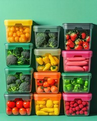 Colorful arrangement of fresh fruits and vegetables in transparent containers against a vibrant green backdrop.