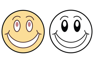 Cheerful smiley face showing two versions one colored and one outlined on white