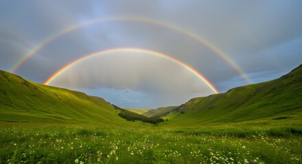 Obraz premium Rainbow Over Green Valley Landscape