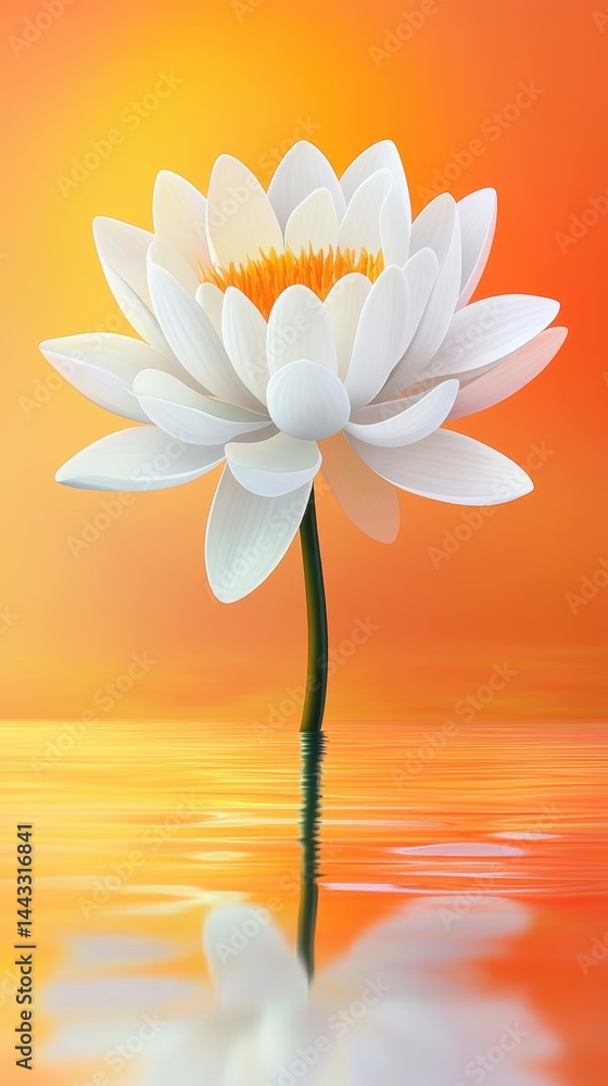 Poster serene white lotus flower reflecting in calm water against a gradient orange background creating a p