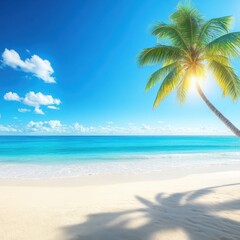 Serene tropical beach paradise with turquoise ocean and palm tree under bright blue sky a perfect summer vacation destination with white sand and gentle waves