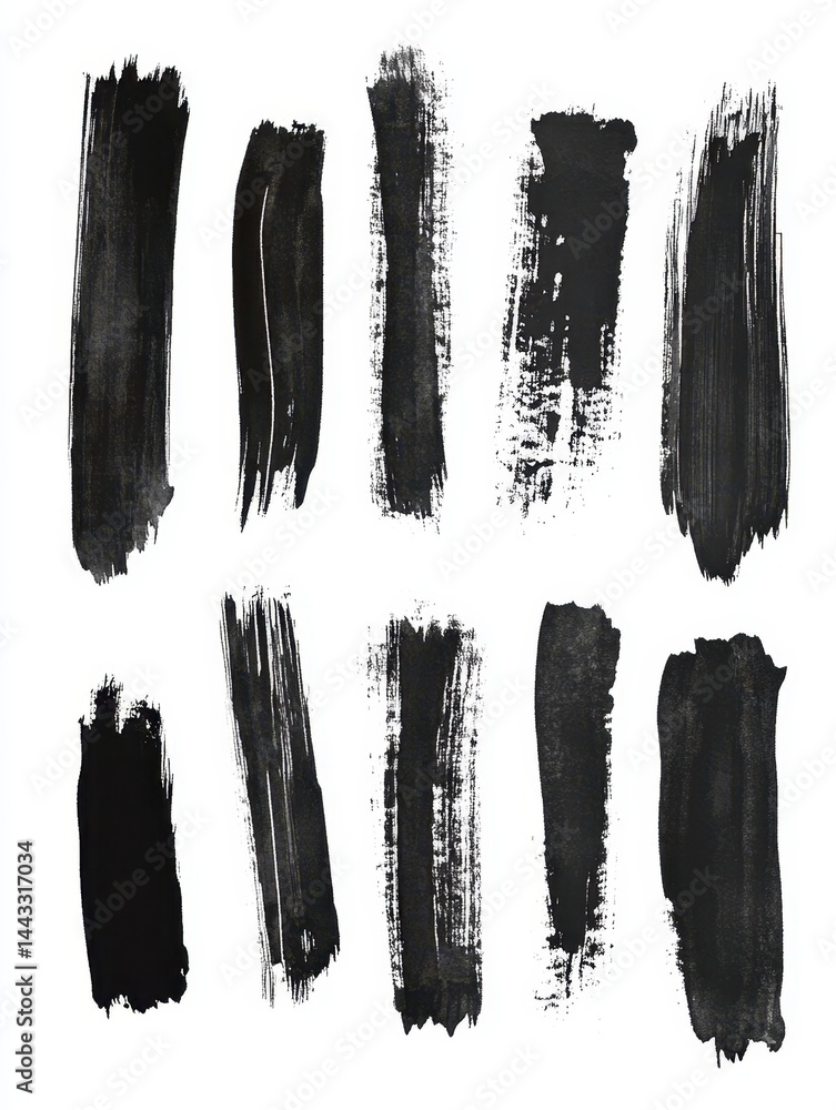 Poster artistic black ink brush strokes on white canvas creating abstract patterns and textures for creativ