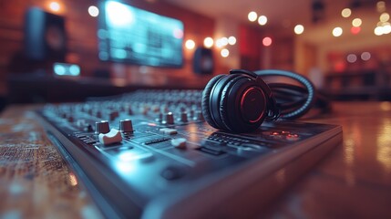 Studio Headphones Resting on Mixing Console in a Recording Studio