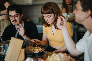 A group of friends sharing a meal at a dining table, conveying a warm and cozy atmosphere. The scene captures friendship and togetherness in a home environment.