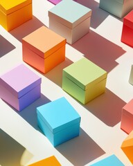 Obraz premium Colorful square gift boxes arranged in a vibrant pattern, casting playful shadows on a bright surface.