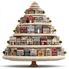 Whimsical Christmas Tree of Colorful Houses Illustration