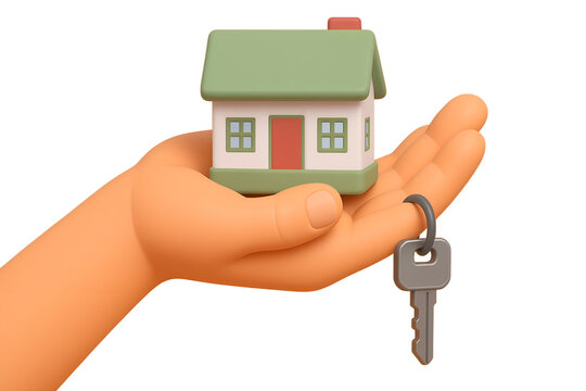 3D illustration of a hand holding a house with a key, symbolizing real estate ownership, home buying, mortgage, property investment, and secure housing, isolated on transparent background