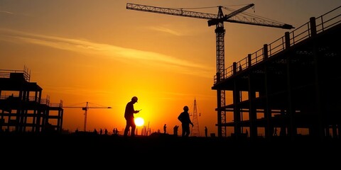 Silhouetted figures working on a construction site at sunset, ample empty space, job, hard hat
