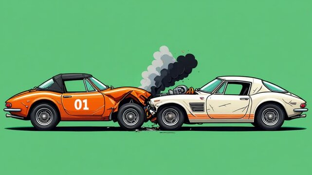 Vintage Car Collision: Cartoon Style Accident Illustration