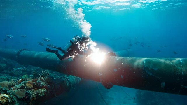 Underwater Diver Inspecting Submerged Pipeline - A scuba diver performs an underwater inspection of a large submerged pipeline.  Vibrant coral and various fish species are visible in the surrounding m