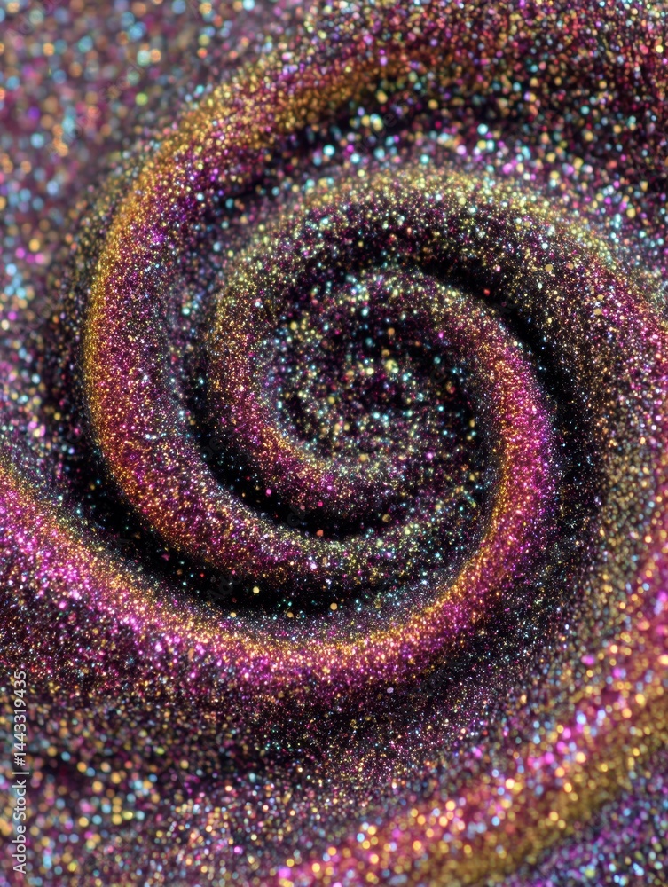 Poster captivating spiral of iridescent glitter with vibrant hues of purple gold and blue creating a mesmer