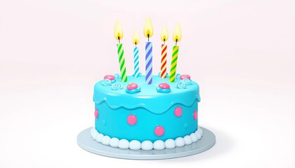 Simple cartoon blue birthday cake with candles, isolated on white, white background, dessert