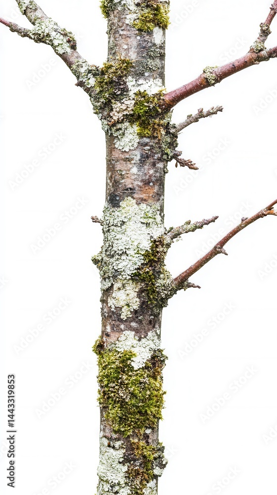 Poster close up of a tree trunk covered in moss and lichen against a white background showing natural textu