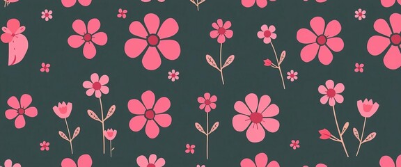 Fototapeta premium Simple whimsical dark pink & light pink flower seamless pattern Perfect for kids' nursery, Scandi style, or all-over print, graphic, background
