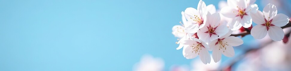 Fototapeta premium Soft focus photo of white cherry blossoms against blue sky, spring, serene
