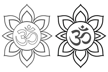 Symmetrical lotus outlines each contain a monochrome sacred Om symbol inside a sphere shape