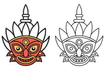 Traditional tribal mask is seen in color and line art versions over white background