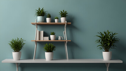 Two floating wooden shelves with potted plants bring a breath of green to a muted teal wall—simple, stylish, and soothing interior design in perfect balance.

