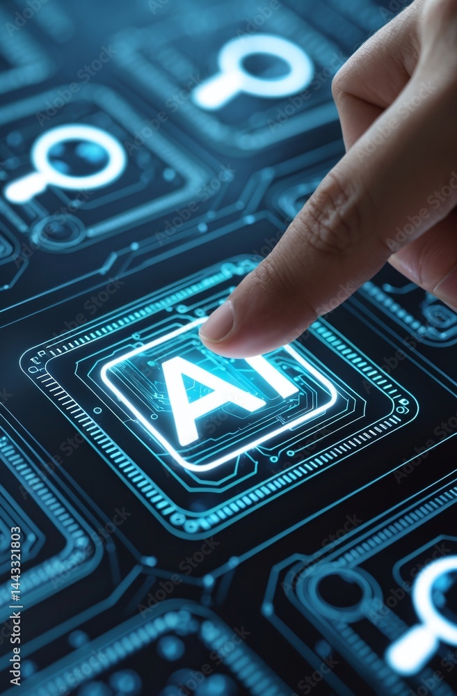 Aufkleber activating artificial intelligence: finger on a futuristic button