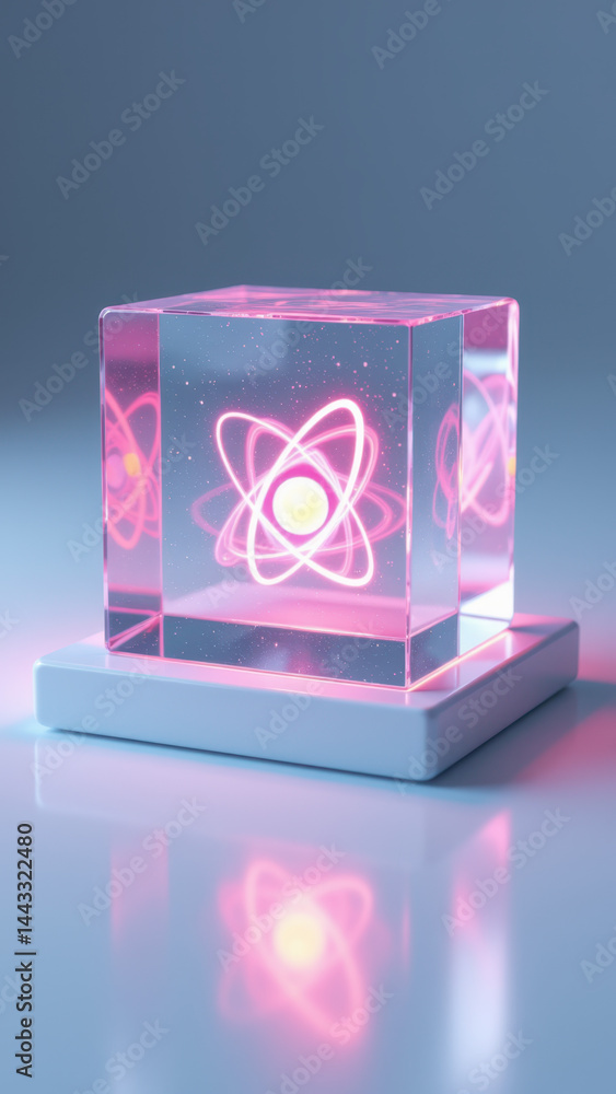 Poster a glowing neon cube with an atomic symbol inside on a small white base.