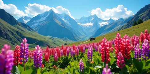 Obraz premium Vibrant lupins bloom in an Andean valley, majestic mountains rise under a brilliant blue sky , wild, high resolution