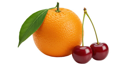 Isolated Orange with Green Leaf and Fresh Cherries