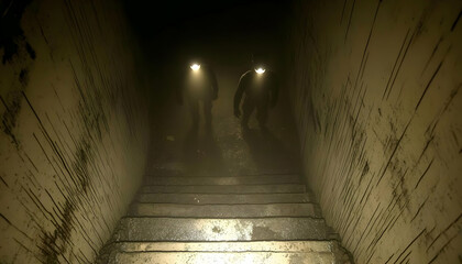 Mysterious figures descend a dimly lit, worn staircase in a dark, ominous underpass.  The atmosphere is suspenseful and slightly eerie.