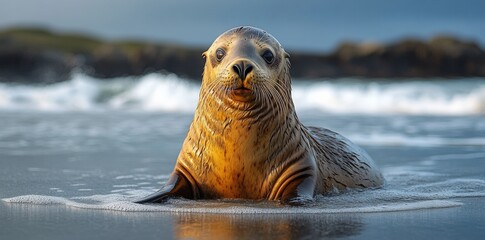 Obraz premium Playful Seal Swimming in Ocean Waves Coastal Beach Wildlife Photography Natural Habitat Close-Up View Marine Life Exploration