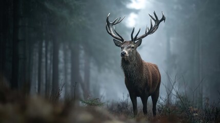 Naklejka premium Majestic Stag in Misty Forest