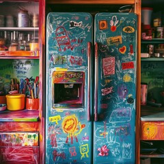 Fototapeta premium A vibrant fridge covered in colorful doodles and art, showcasing a playful, creative atmosphere in a lively kitchen.