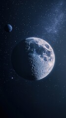 Fototapeta premium A stunning view of a celestial landscape featuring a detailed moon and distant planet against a starry backdrop.
