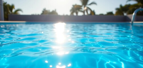 Obraz premium Sparkling blue pool water, sun reflecting brightly, ripple, refreshing