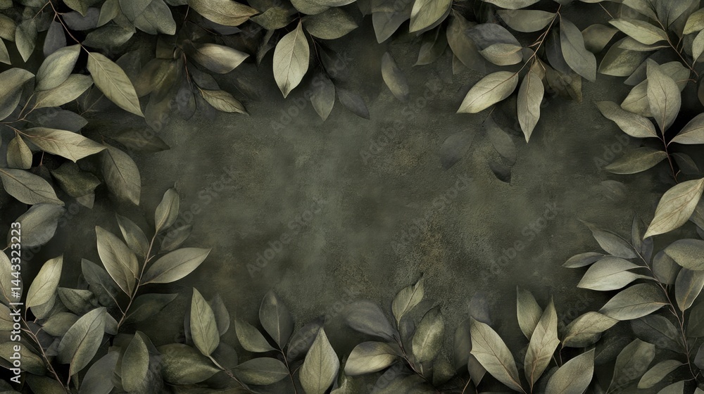 Poster elegant botanical frame with muted green leaves creating a serene natural border on a textured backg