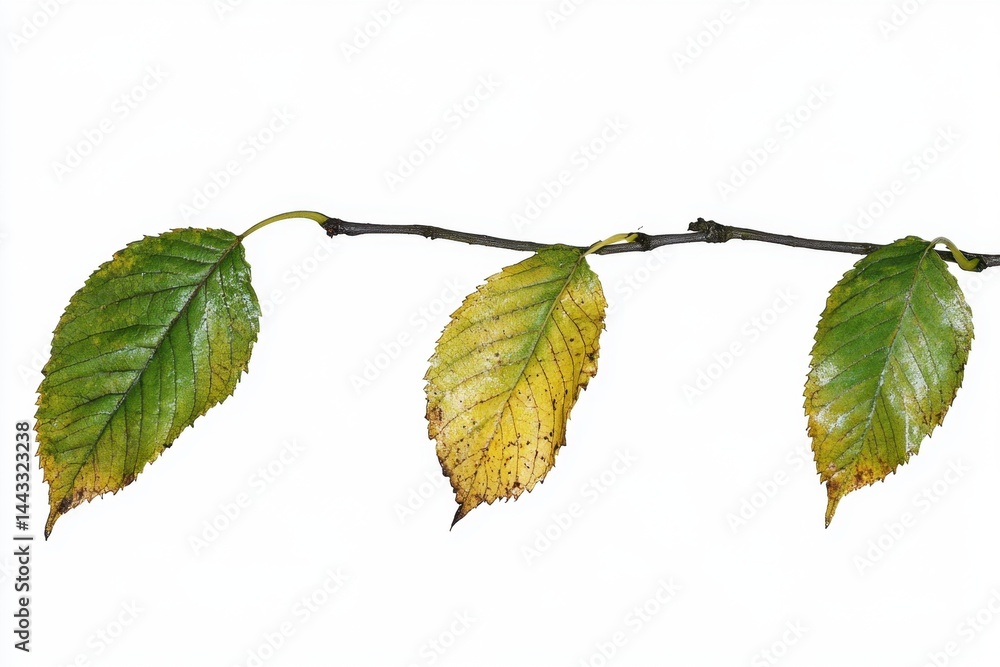 Poster three vibrant elm leaves transitioning from green to yellow on a slender branch against a pristine w