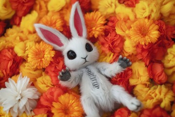 Adorable White Bunny Amidst Vibrant Orange and Yellow Flowers