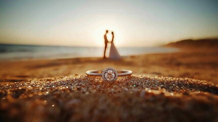 Wedding rings resting on sandy beach, a romantic setting.