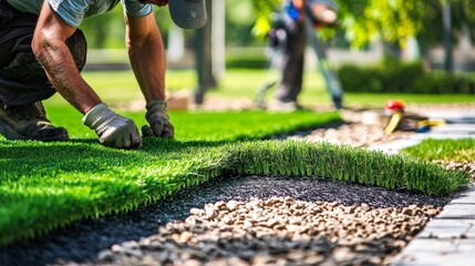 Workers are busy installing synthetic grass in a public park.