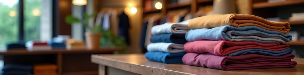 Stack of folded shirts and pants on display in boutique, store, folded