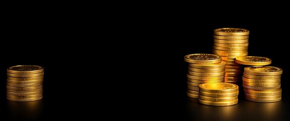 Stacks of gold coins on black background, vertical banner, finance, stacks