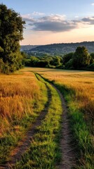 Golden path through a field at sunset